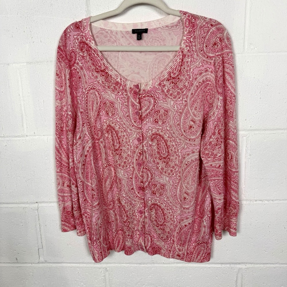 Talbots Cardigan Pink Paisley Beaded Soft Feminine Career Sparkly Dainty Size XL - Picture 1 of 12
